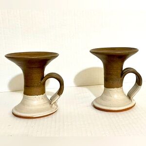 Phil Patterson Handmade Pottery 4 1/4” Candle Holders with Finger Loop Colonial